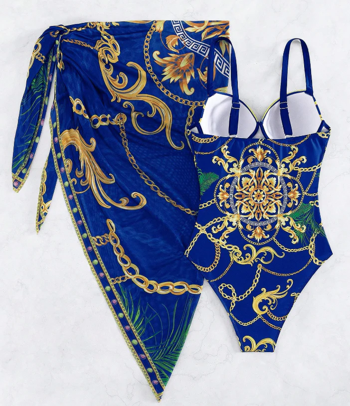 Badeanzug mit Strandrock und Push-up-BH: Goldenes Kettenmuster – Bild 3