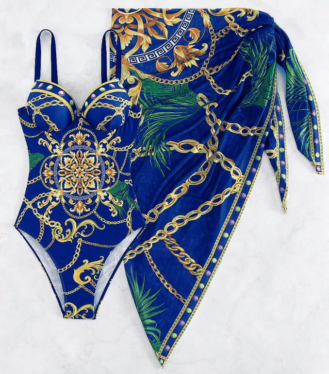 Badeanzug mit Strandrock und Push-up-BH: Goldenes Kettenmuster – Bild 5