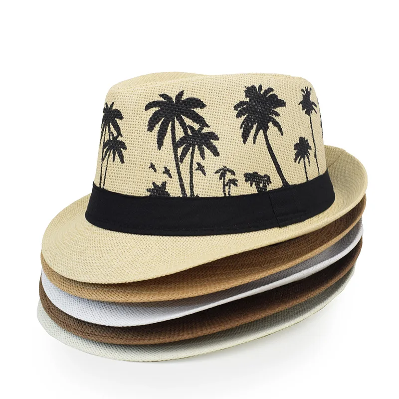 Sommer Strohhut – Herren & Damen, Kokosbaum-Muster, Outdoor Atmungsaktiv, Tropischer Jazz Fedora, Panama Hut – Bild 6