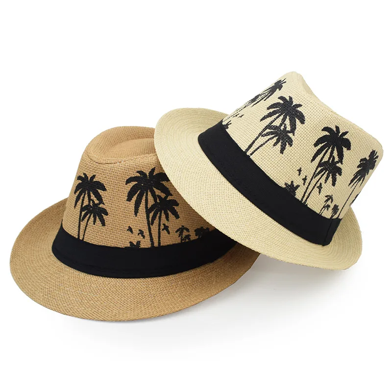 Sommer Strohhut – Herren & Damen, Kokosbaum-Muster, Outdoor Atmungsaktiv, Tropischer Jazz Fedora, Panama Hut – Bild 7