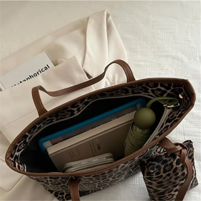 Leopardenmuster Tote Bag mit Beutel – Stylische Kunstleder Schultertasche | Große Kapazität Shopping Bag für Damen Alltag – Bild 4