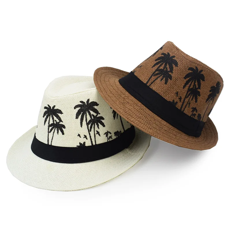 Sommer Strohhut – Herren & Damen, Kokosbaum-Muster, Outdoor Atmungsaktiv, Tropischer Jazz Fedora, Panama Hut – Bild 8